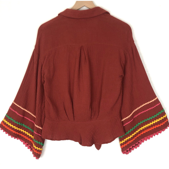 IVY JANE Tie Top Sz XS Maroon Red Ric Rac Bell Sleeve Button Up Crinkle Cotton - Picture 2 of 7